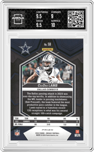 CeeDee Lamb from the 2024 Panini Mosaic set featuring a Honeycomb parallel graded by Arena Club and given an overall grade of 9.5.