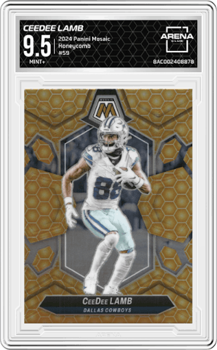 CeeDee Lamb from the 2024 Panini Mosaic set featuring a Honeycomb parallel graded by Arena Club and given an overall grade of 9.5.