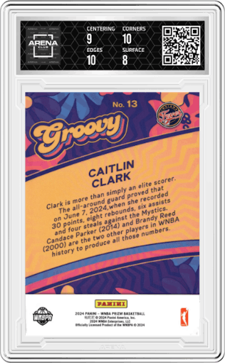 Caitlin Clark from the 2024 Panini Prizm WNBA set graded by Arena Club and given an overall grade of 8.5.