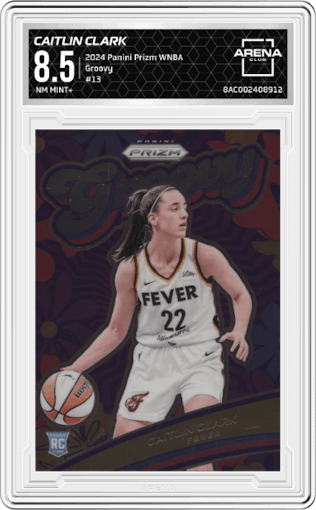 Caitlin Clark from the 2024 Panini Prizm WNBA set graded by Arena Club and given an overall grade of 8.5.
