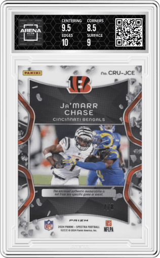 Ja'Marr Chase from the 2024 Panini Spectra set featuring a Splatter Neon parallel graded by Arena Club and given an overall grade of 9.