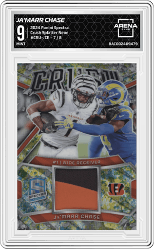 Ja'Marr Chase from the 2024 Panini Spectra set featuring a Splatter Neon parallel graded by Arena Club and given an overall grade of 9.