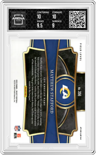 Matthew Stafford from the 2023 Panini Select set featuring a Cosmic parallel graded by Arena Club and given an overall grade of 9.5.