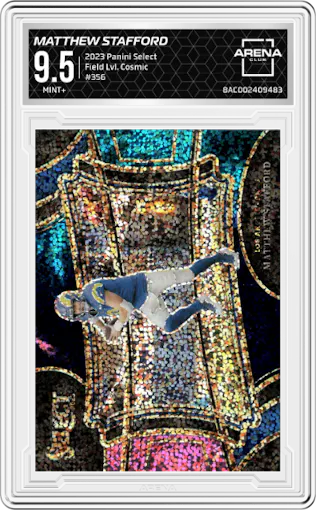 Matthew Stafford from the 2023 Panini Select set featuring a Cosmic parallel graded by Arena Club and given an overall grade of 9.5.