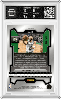Jayson Tatum from the 2023-24 Panini Prizm set featuring a Fast Break Bronze parallel graded by Arena Club and given an overall grade of 9.5.