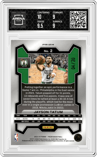 Jayson Tatum from the 2023-24 Panini Prizm set featuring a Fast Break Bronze parallel graded by Arena Club and given an overall grade of 9.5.