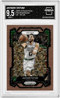 Jayson Tatum from the 2023-24 Panini Prizm set featuring a Fast Break Bronze parallel graded by Arena Club and given an overall grade of 9.5.