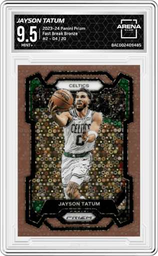 Jayson Tatum from the 2023-24 Panini Prizm set featuring a Fast Break Bronze parallel graded by Arena Club and given an overall grade of 9.5.