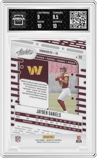 Jayden Daniels from the 2024 Panini Absolute set featuring a Spectrum parallel graded by Arena Club and given an overall grade of 9.5.