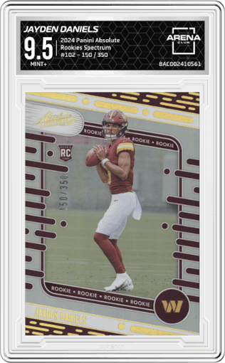 Jayden Daniels from the 2024 Panini Absolute set featuring a Spectrum parallel graded by Arena Club and given an overall grade of 9.5.