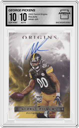 George Pickens from the 2022 Panini Origins set graded by Arena Club and given an overall grade of 10.