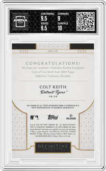 Colt Keith from the 2024 Topps Definitive Collection set graded by Arena Club and given an overall grade of 9.5.