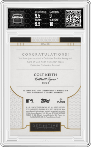 Colt Keith from the 2024 Topps Definitive Collection set graded by Arena Club and given an overall grade of 9.5.