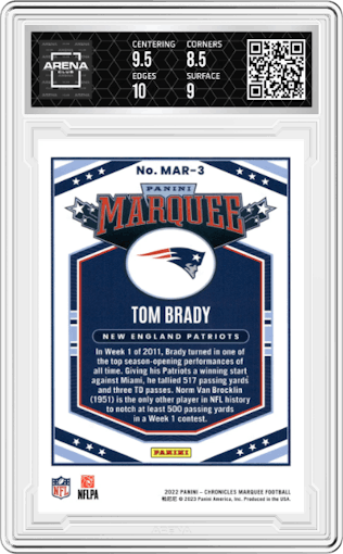 Tom Brady from the 2022 Panini Chronicles set featuring a Red parallel graded by Arena Club and given an overall grade of 9.