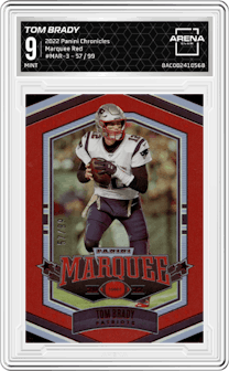 Tom Brady from the 2022 Panini Chronicles set featuring a Red parallel graded by Arena Club and given an overall grade of 9.