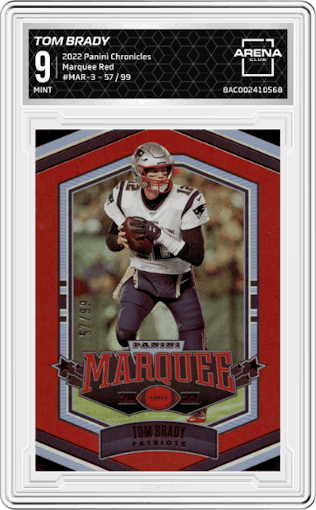 Tom Brady from the 2022 Panini Chronicles set featuring a Red parallel graded by Arena Club and given an overall grade of 9.