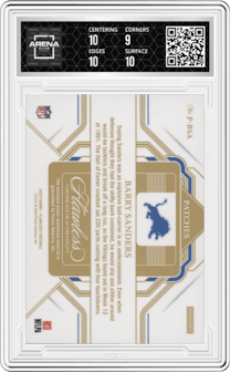 Barry Sanders from the 2023 Panini Flawless set featuring a Silver parallel graded by Arena Club and given an overall grade of 9.5.