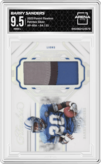Barry Sanders from the 2023 Panini Flawless set featuring a Silver parallel graded by Arena Club and given an overall grade of 9.5.