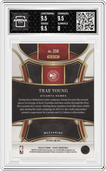 Trae Young from the 2023-24 Panini Select  set featuring a Tiger parallel graded by Arena Club and given an overall grade of 8.5.