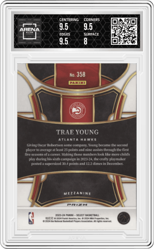 Trae Young from the 2023-24 Panini Select  set featuring a Tiger parallel graded by Arena Club and given an overall grade of 8.5.