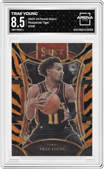 Trae Young from the 2023-24 Panini Select  set featuring a Tiger parallel graded by Arena Club and given an overall grade of 8.5.