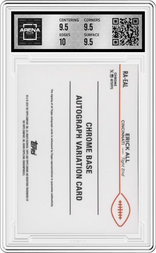 Erick All from the 2024 Topps Chrome set featuring a SuperFractor parallel graded by Arena Club and given an overall grade of 10.