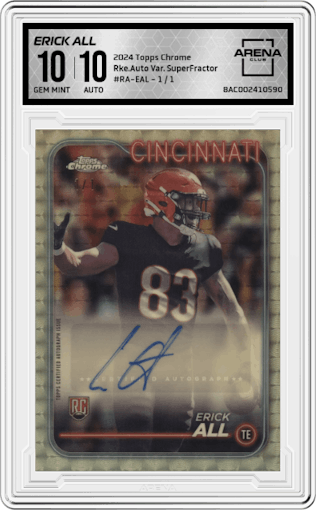Erick All from the 2024 Topps Chrome set featuring a SuperFractor parallel graded by Arena Club and given an overall grade of 10.