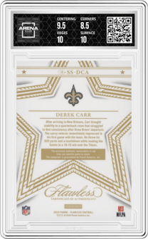 Derek Carr from the 2023 Panini Flawless set featuring a Ruby parallel graded by Arena Club and given an overall grade of 9.