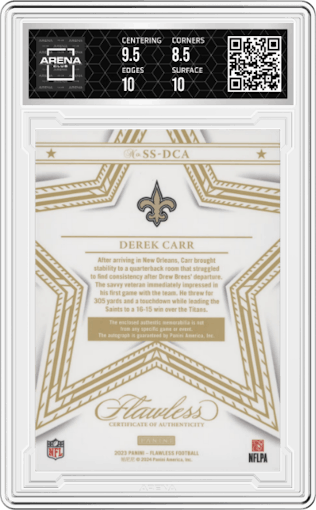 Derek Carr from the 2023 Panini Flawless set featuring a Ruby parallel graded by Arena Club and given an overall grade of 9.