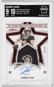 Derek Carr from the 2023 Panini Flawless set featuring a Ruby parallel graded by Arena Club and given an overall grade of 9.