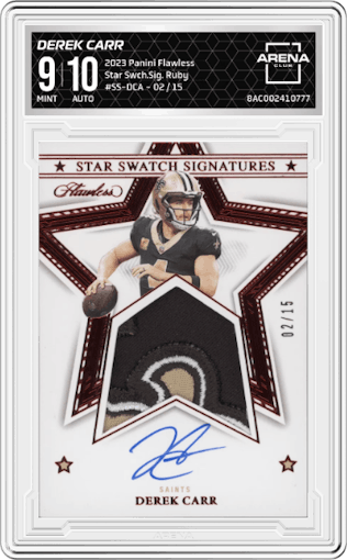 Derek Carr from the 2023 Panini Flawless set featuring a Ruby parallel graded by Arena Club and given an overall grade of 9.