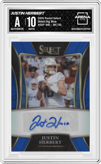 Justin Herbert from the 2021 Panini Select set featuring a Blue parallel graded by Arena Club.