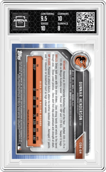 Gunnar Henderson from the 2019 Bowman Draft set graded by Arena Club and given an overall grade of 8.5.