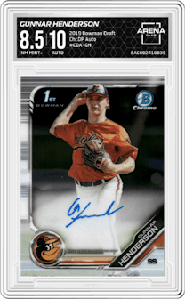 Gunnar Henderson from the 2019 Bowman Draft set graded by Arena Club and given an overall grade of 8.5.
