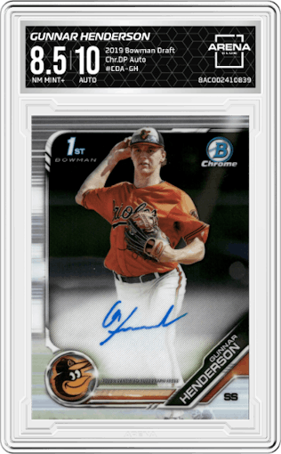 Gunnar Henderson from the 2019 Bowman Draft set graded by Arena Club and given an overall grade of 8.5.