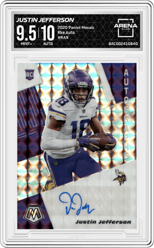 Justin Jefferson from the 2020 Panini Mosaic set graded by Arena Club and given an overall grade of 9.5.