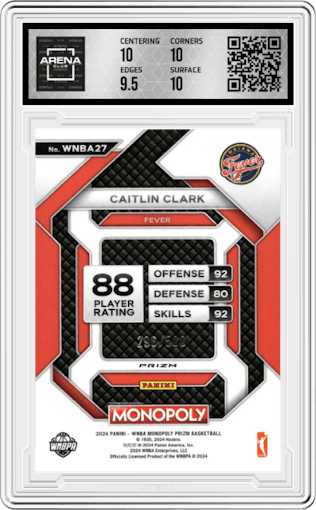 Caitlin Clark from the 2024 Panini Prizm Monopoly WNBA set featuring a Gold Millionaire Shimmer parallel graded by Arena Club and given an overall grade of 10.