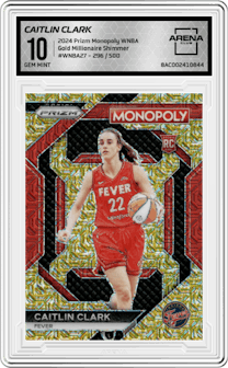 Caitlin Clark from the 2024 Panini Prizm Monopoly WNBA set featuring a Gold Millionaire Shimmer parallel graded by Arena Club and given an overall grade of 10.