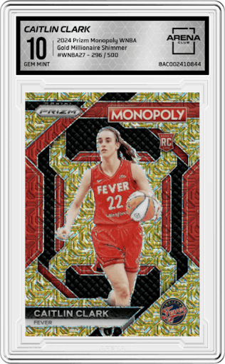 Caitlin Clark from the 2024 Panini Prizm Monopoly WNBA set featuring a Gold Millionaire Shimmer parallel graded by Arena Club and given an overall grade of 10.