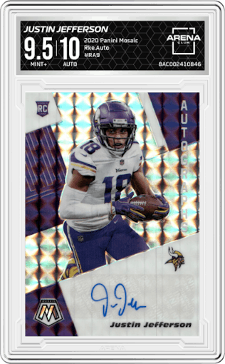 Justin Jefferson from the 2020 Panini Mosaic set graded by Arena Club and given an overall grade of 9.5.