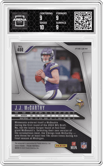 J.J. McCarthy from the 2024 Panini Prizm set featuring a Pink Prizm parallel graded by Arena Club and given an overall grade of 9.5.