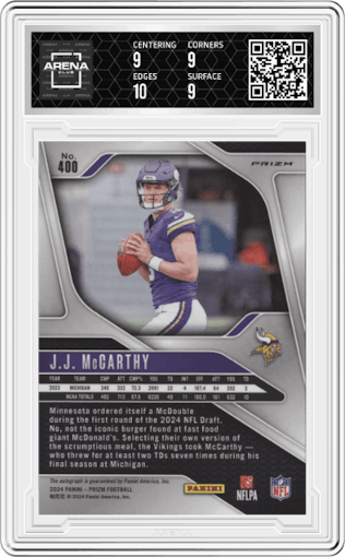 J.J. McCarthy from the 2024 Panini Prizm set featuring a Pink Prizm parallel graded by Arena Club and given an overall grade of 9.5.