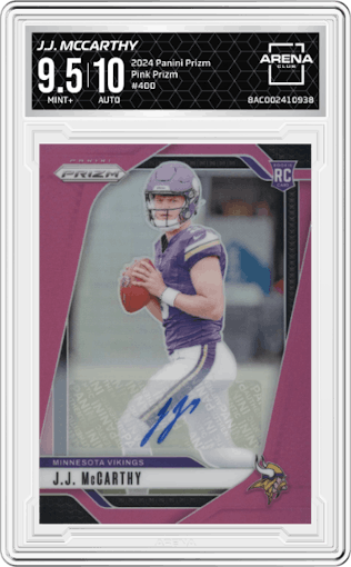 J.J. McCarthy from the 2024 Panini Prizm set featuring a Pink Prizm parallel graded by Arena Club and given an overall grade of 9.5.