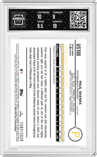 Paul Skenes from the 2024 Topps Update set featuring a Gold parallel graded by Arena Club and given an overall grade of 9.5.
