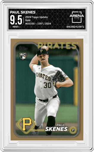Paul Skenes from the 2024 Topps Update set featuring a Gold parallel graded by Arena Club and given an overall grade of 9.5.
