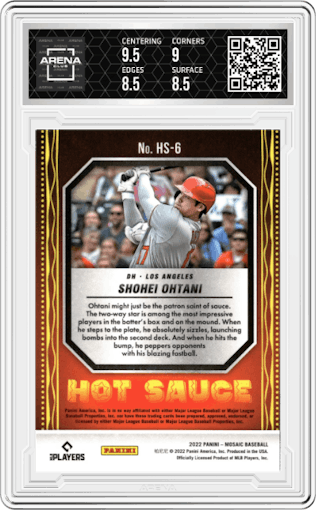 Shohei Ohtani from the 2022 Panini Mosaic set graded by Arena Club and given an overall grade of 9.
