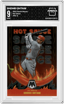 Shohei Ohtani from the 2022 Panini Mosaic set graded by Arena Club and given an overall grade of 9.