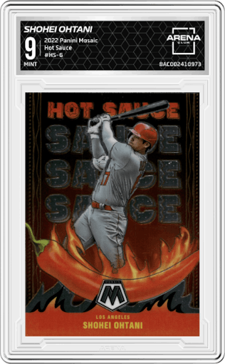 Shohei Ohtani from the 2022 Panini Mosaic set graded by Arena Club and given an overall grade of 9.