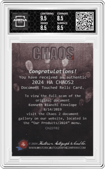 Kenneth Bianchi from the 2024 Historic Autographs Chaos set graded by Arena Club and given an overall grade of 9.