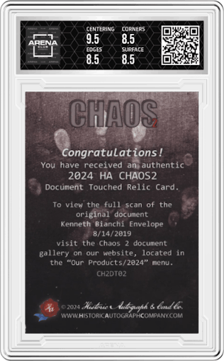 Kenneth Bianchi from the 2024 Historic Autographs Chaos set graded by Arena Club and given an overall grade of 9.